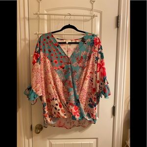 Umgee Pink/Teal Ruffled Sleeve Top. 1XL NWOT.